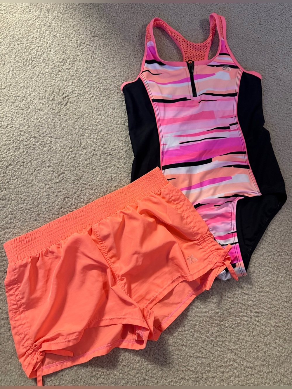 Girls' Pink Striped One-Piece Swimsuit with Coral Swim Shorts Size 10/12